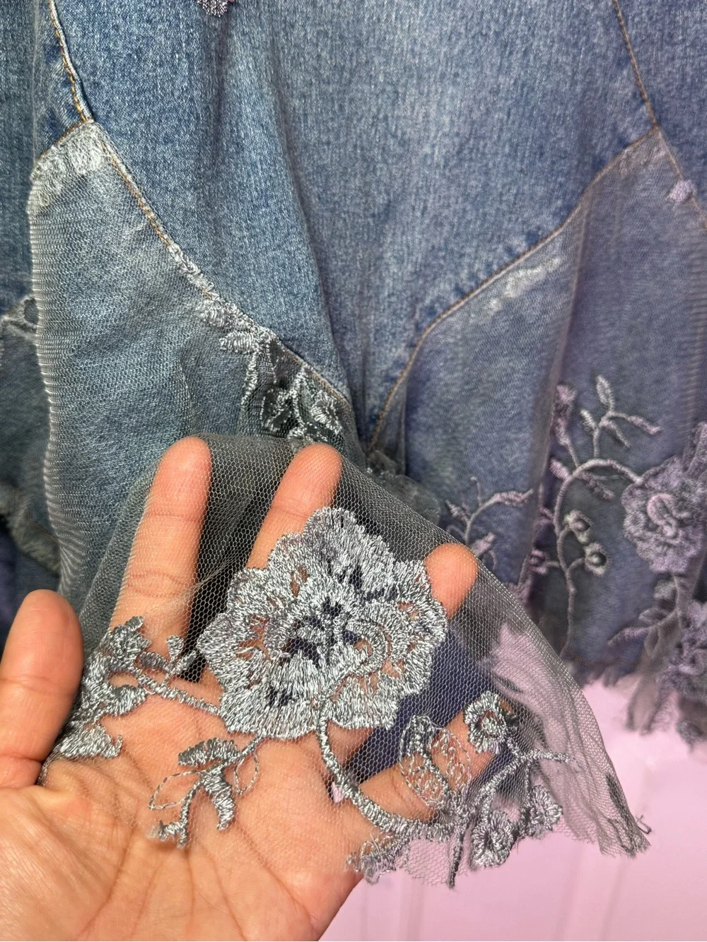 Vintage Free Party Jeans Floral Embroidered Tulle Hem Denim Skirt - Size L
